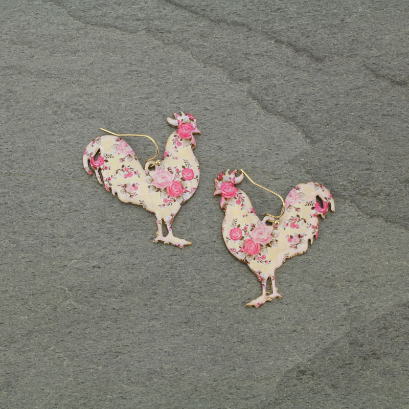 Large Rooster Floral Fish Hook Earrings