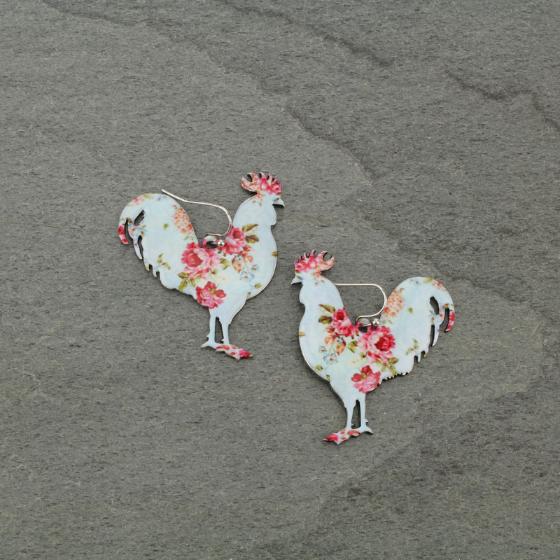 Large Rooster Floral Fish Hook Earrings
