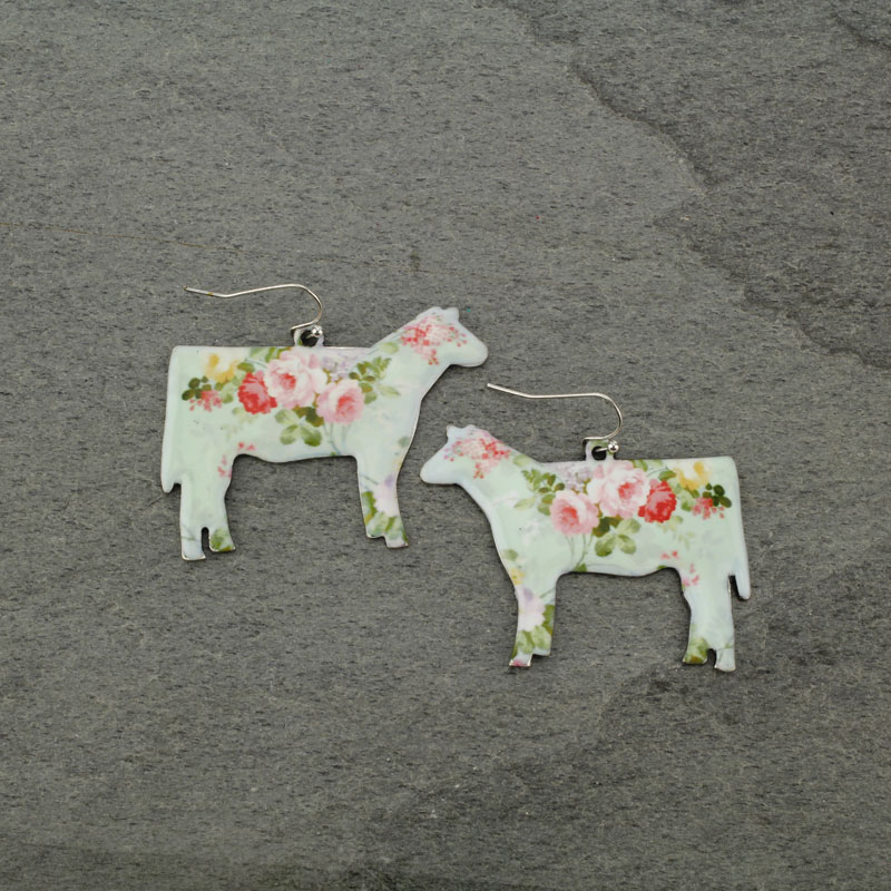 Large Cow Floral Fish Hook Earrings