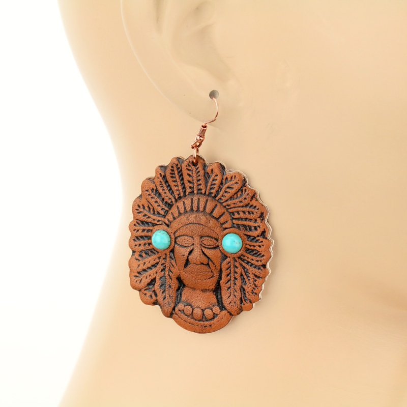 Western Indian Chief Leather Fish Hook Earrings - Image 2
