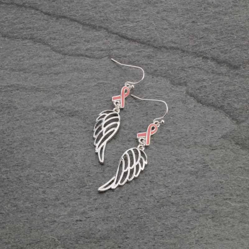 Breast Cancer Pink Ribbon with Wing Fish Hook Earrings