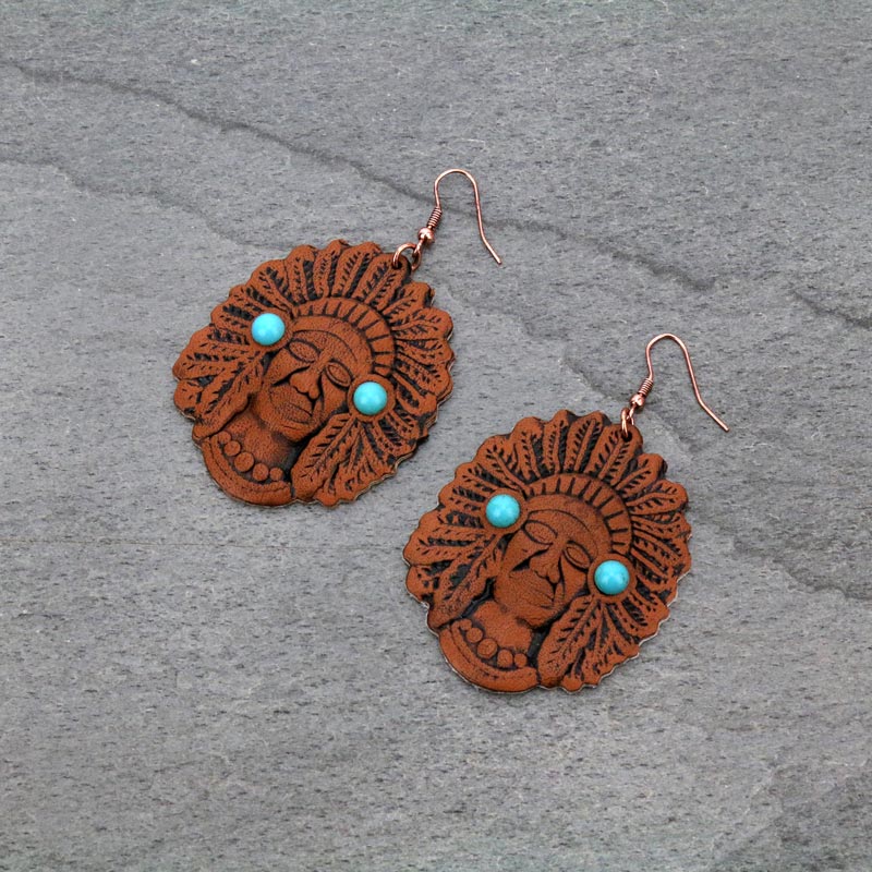 Western Indian Chief Leather Fish Hook Earrings