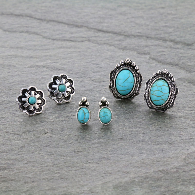 3 Pair Western Turquoise Earring Set