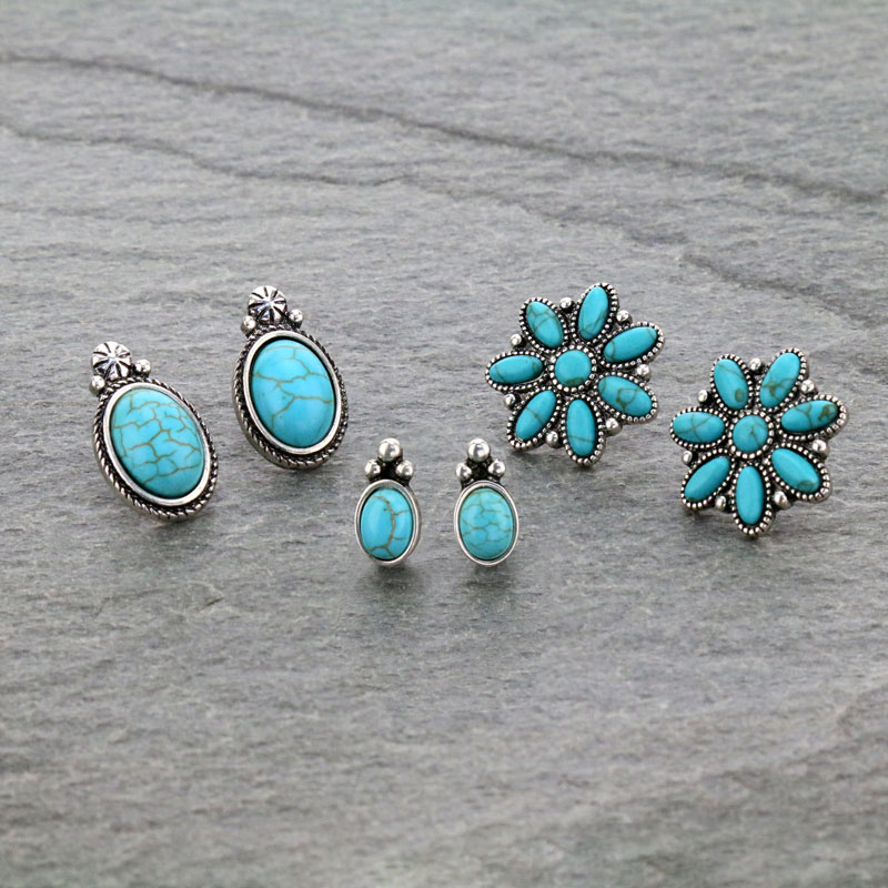 3 Pair Western Turquoise Earring Set