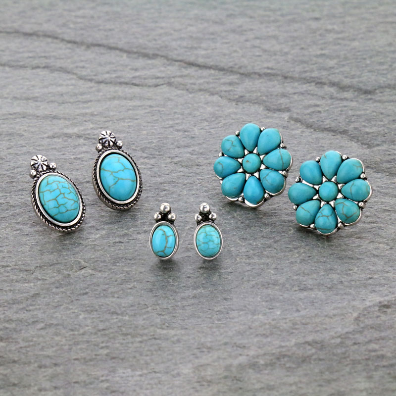 3 Pair Western Turquoise Earring Set