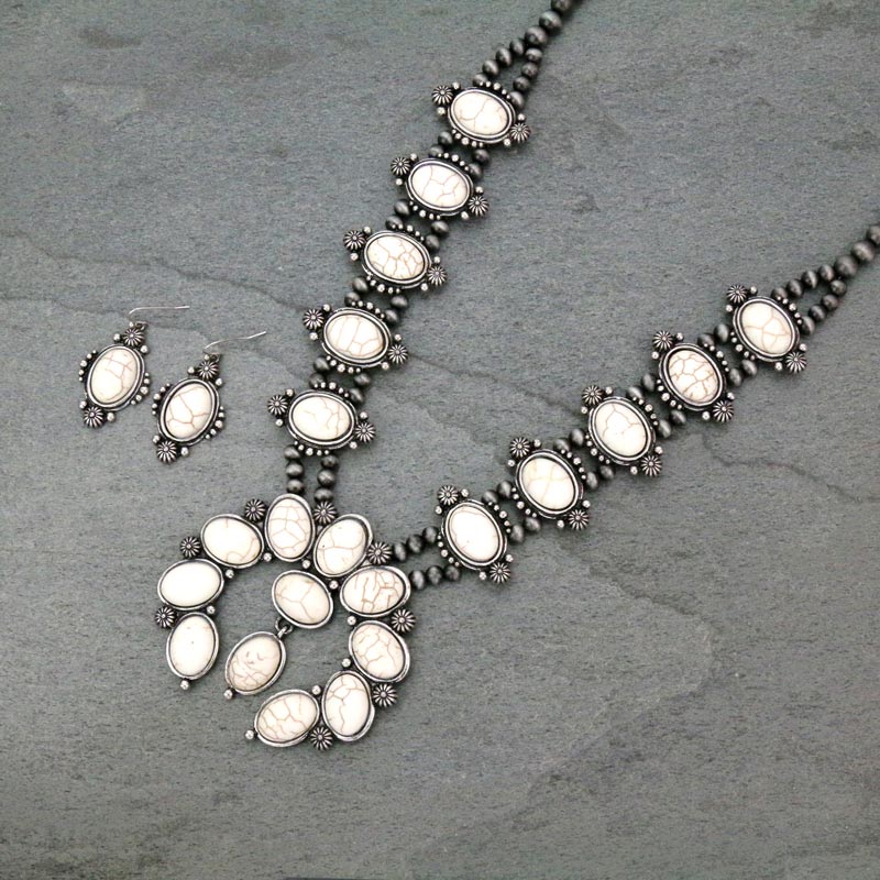 Western Navajo Style Squash Blossom Stone Necklace Set