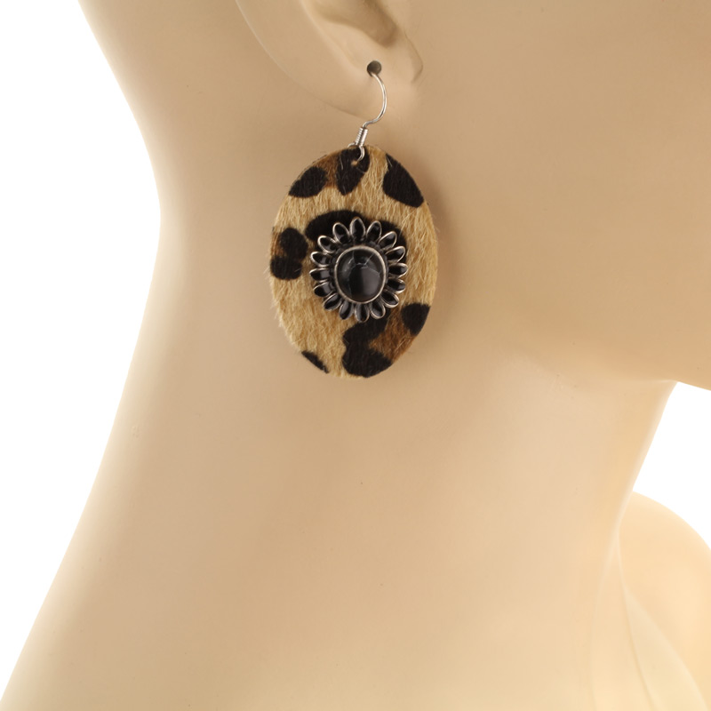 Leopard Leather with Stone Fish Hook Earrings - Image 3