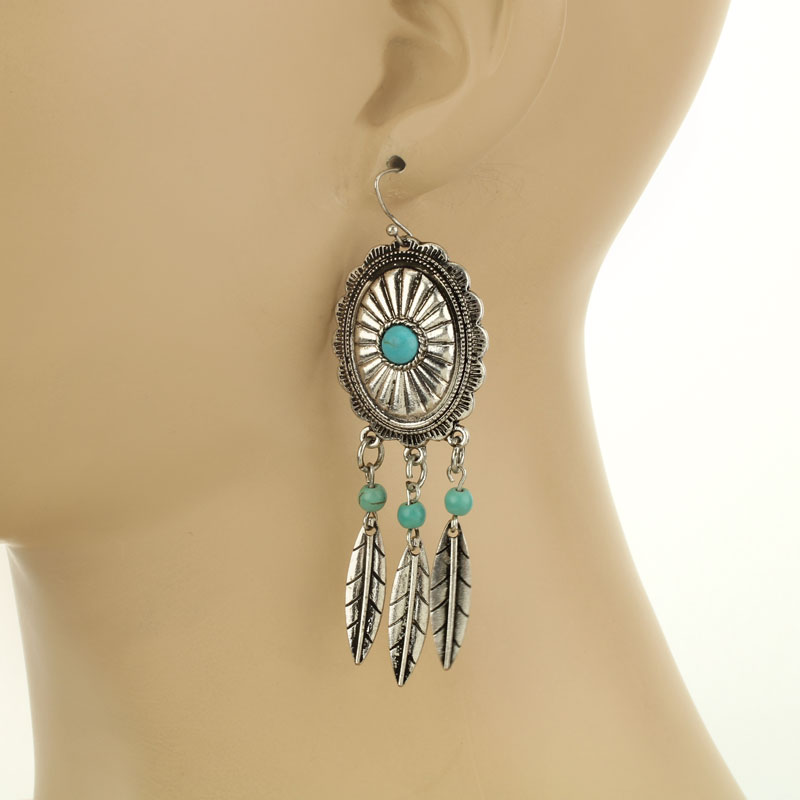 Western Concho Feather Fish Hook Earrings - Image 2