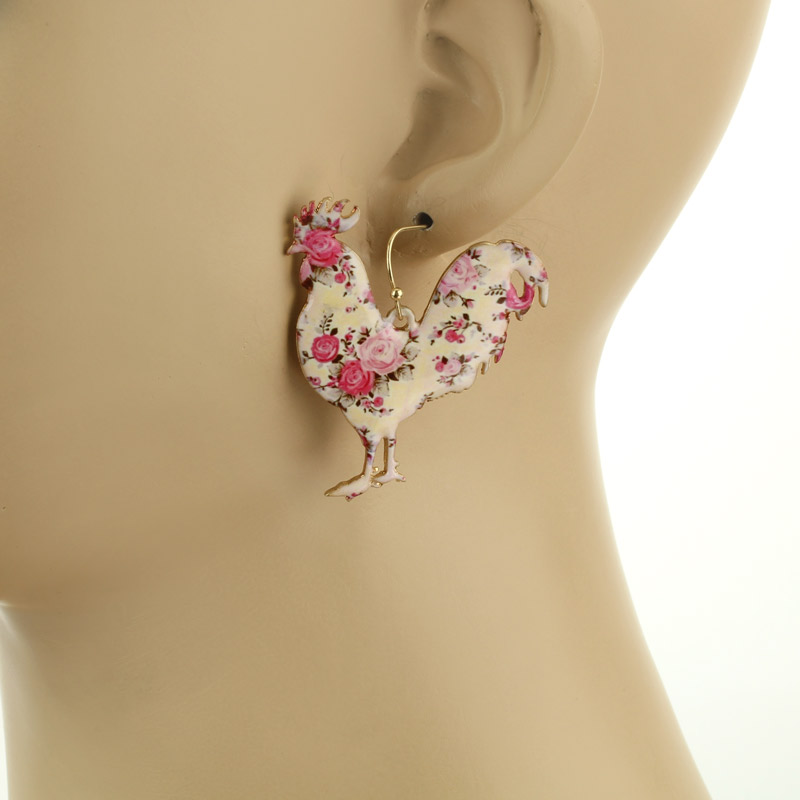 Large Rooster Floral Fish Hook Earrings - Image 2