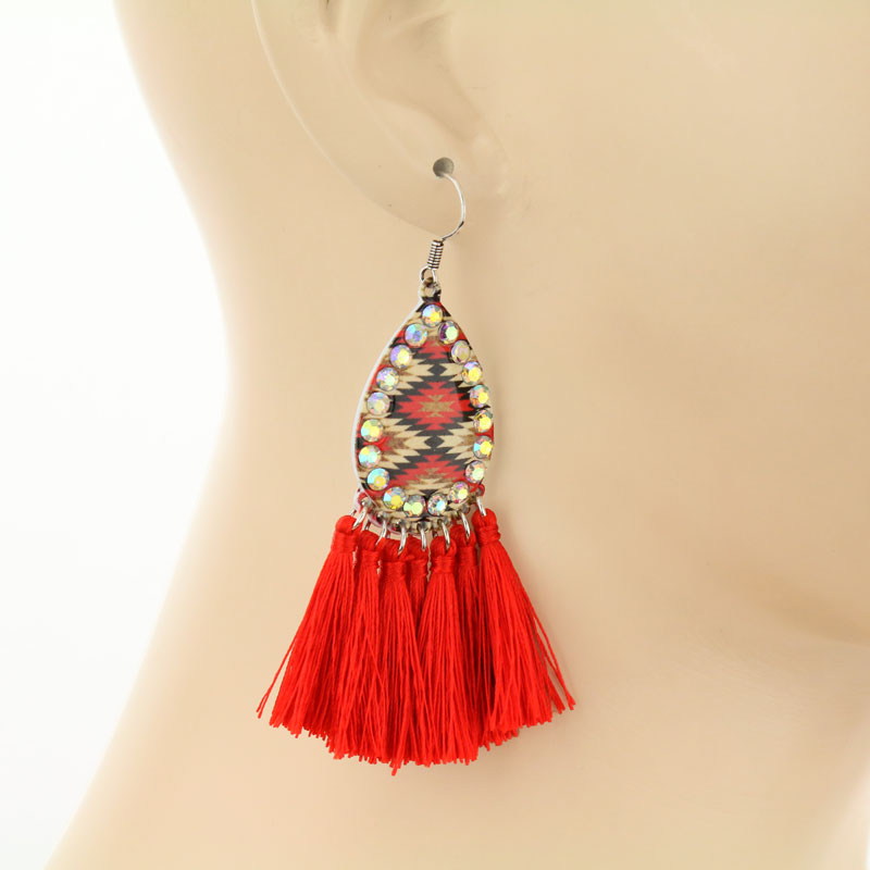 Patterned Printed Teardrop with Tassel Fish Hook Earrings - Image 2