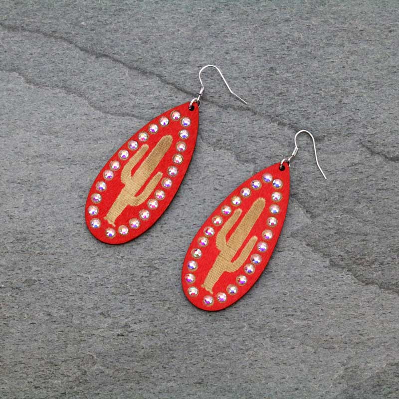 Wooden Cactus Fish Hook Earrings
