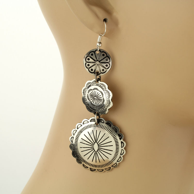 Handmade Round Concho Drop Fish Hook Earrings - Image 2