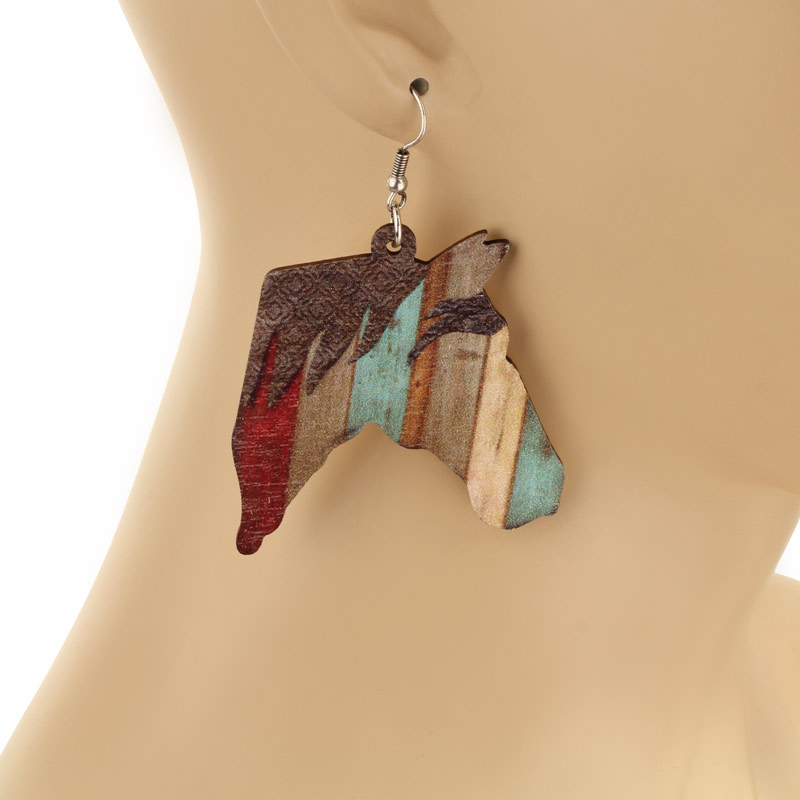 Horse Wood Fish Hook Earrings - Image 2