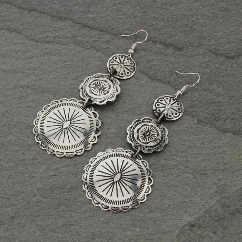 Handmade Round Concho Drop Fish Hook Earrings