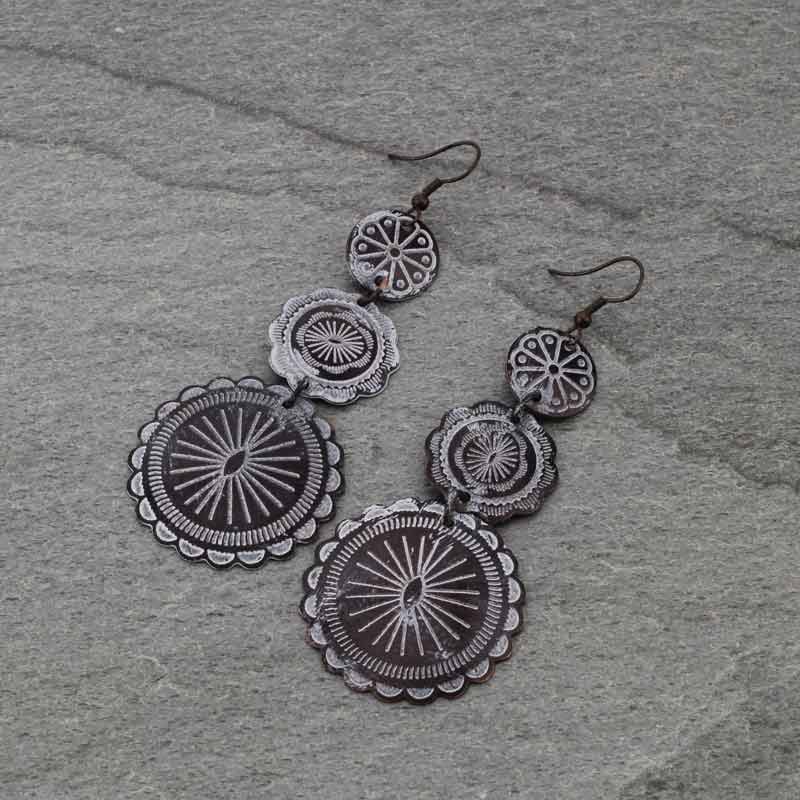 Handmade Round Concho Drop Fish Hook Earrings