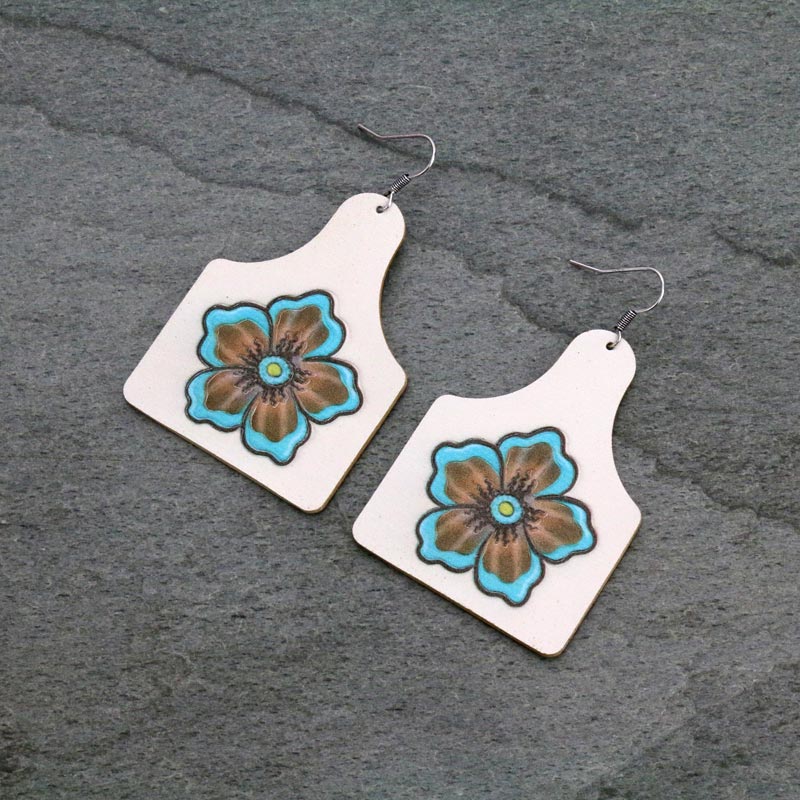Leather Flower Cattle Tag Fish Hook Earrings