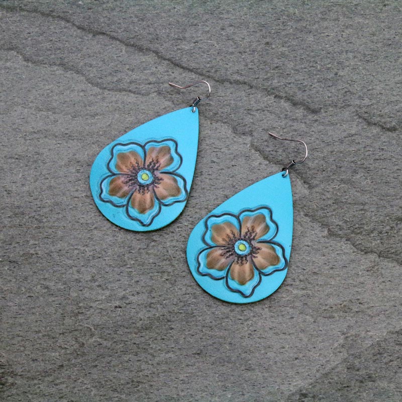 Leather Flower Teardrop Fish Hook Earrings