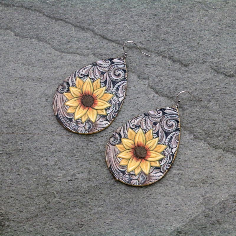 Leather Flower Teardrop Fish Hook Earrings