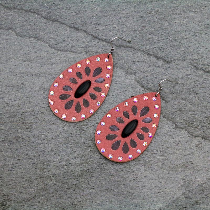 Genuine Leather Concho Teardrop Fish Hook Earrings