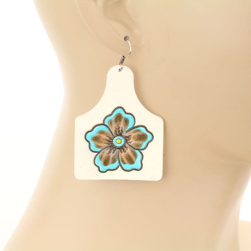 Leather Flower Cattle Tag Fish Hook Earrings - Image 2