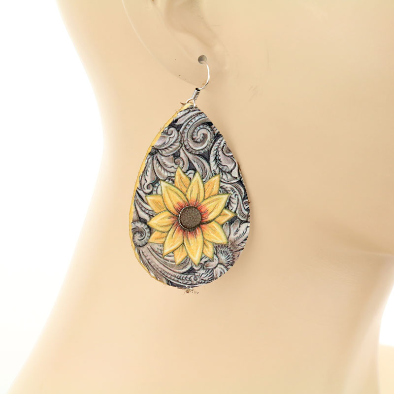 Leather Flower Teardrop Fish Hook Earrings - Image 2
