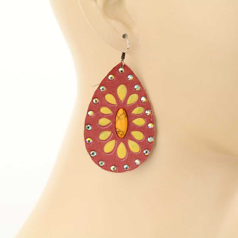 Genuine Leather Concho Teardrop Fish Hook Earrings - Image 2