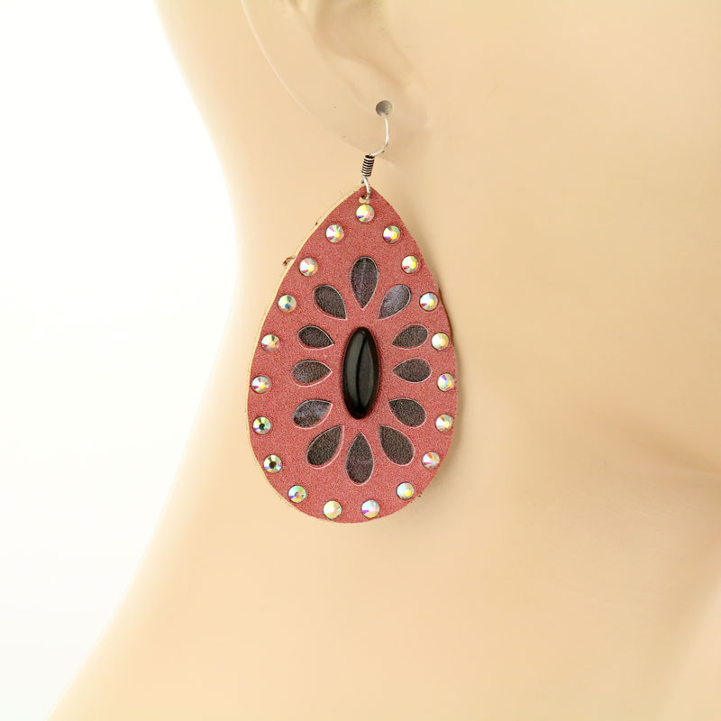 Genuine Leather Concho Teardrop Fish Hook Earrings - Image 2