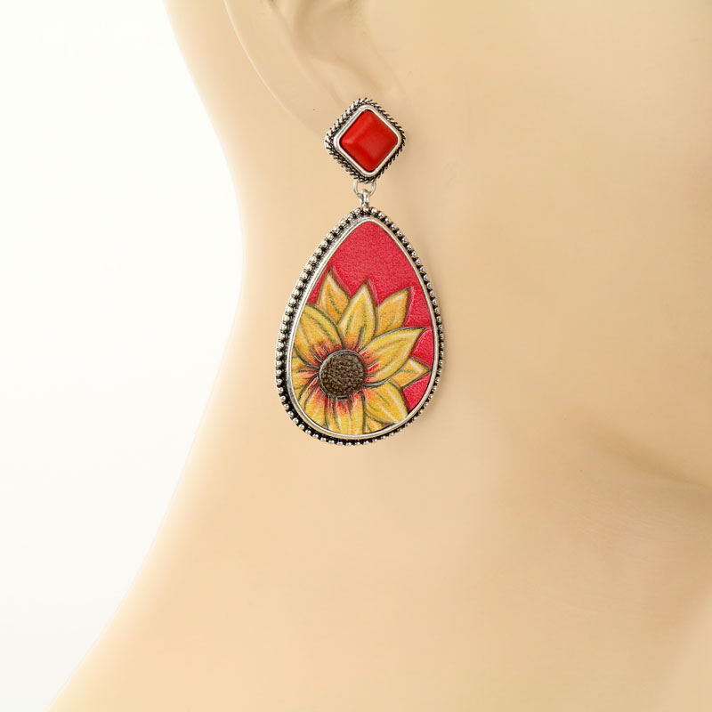 Leather Flower Teardrop Casting Post Earrings - Image 2