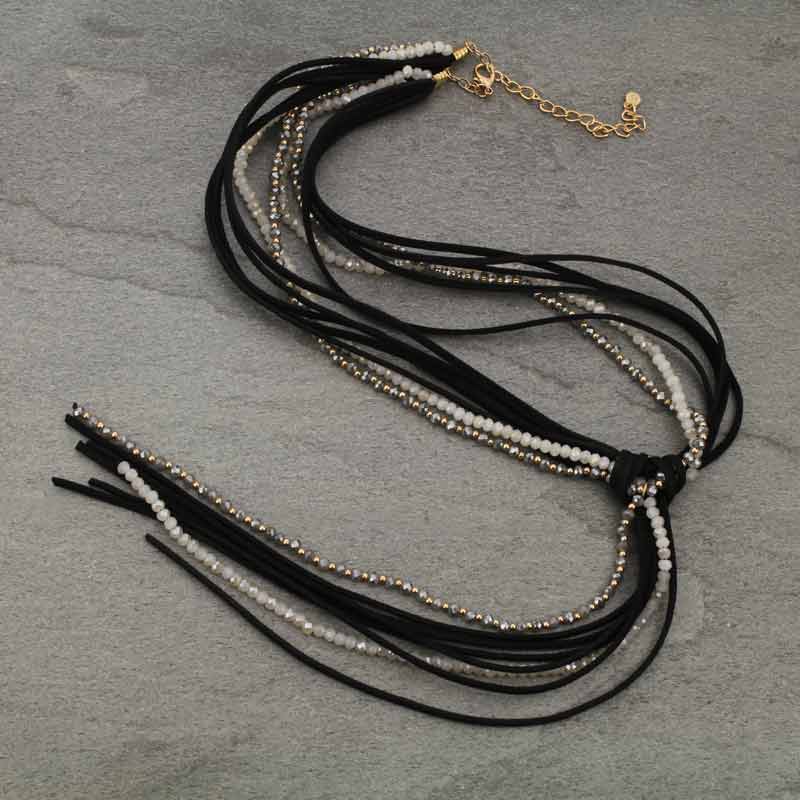 Suede Tassel with Glass Bead Necklace