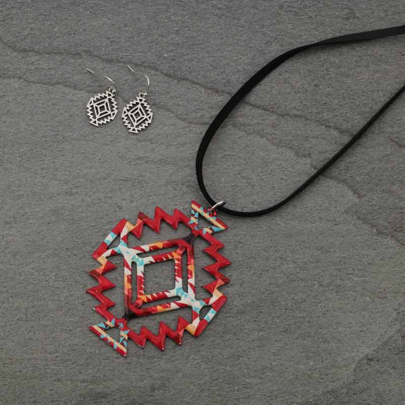 Western Design Print Suede Long Necklace Set