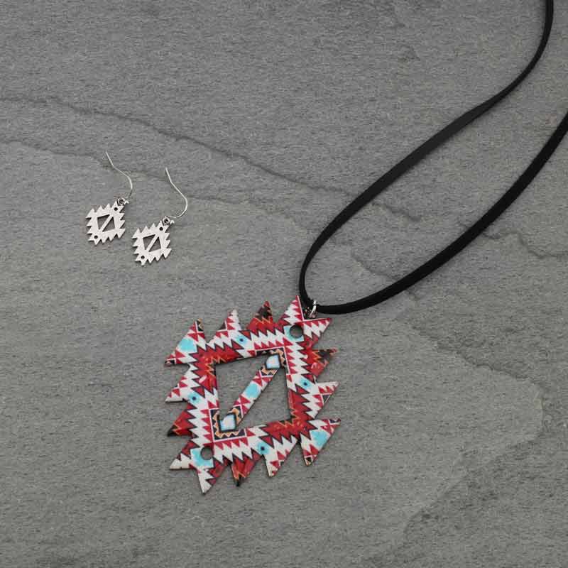 Western Design Print Suede Long Necklace Set