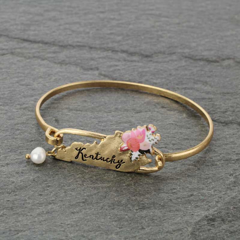 Kentucky State Map Script Floral Wire Bracelet