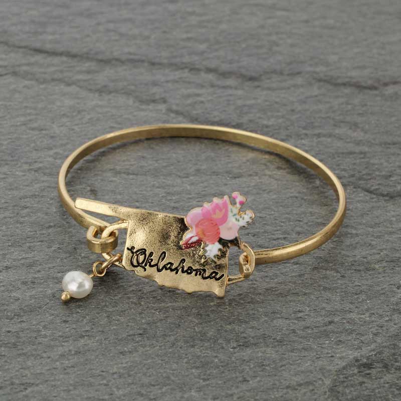 Oklahoma State Map Script Floral Wire Bracelet