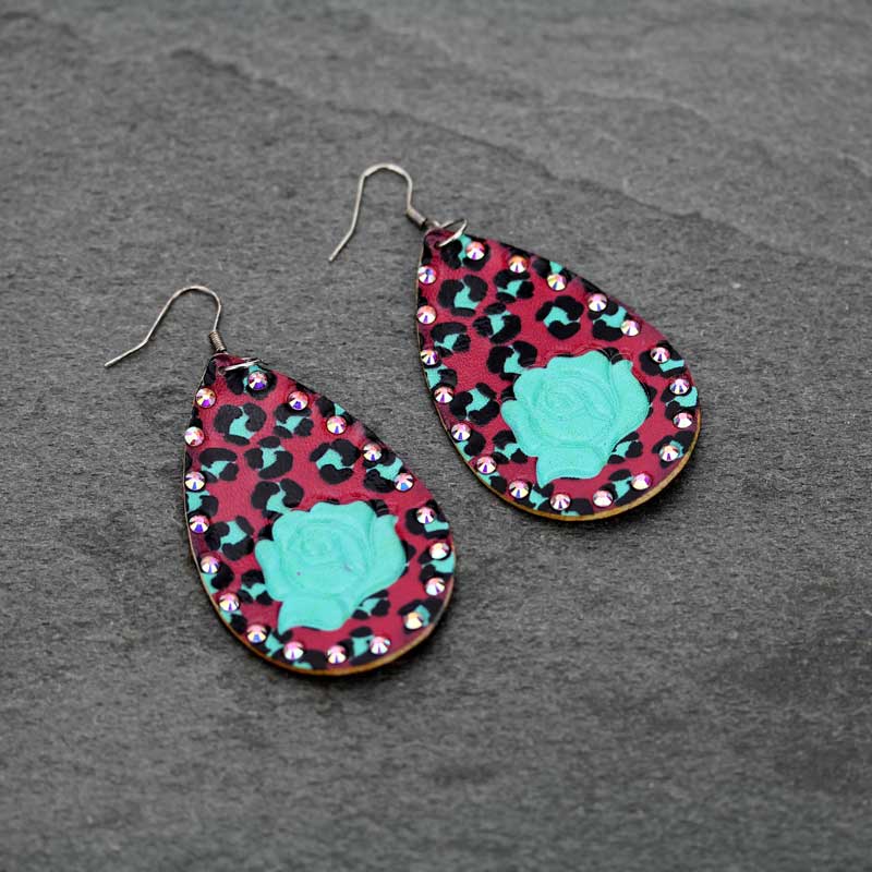 Teardrop Genuine Leather Rose Fish Hook Earrings