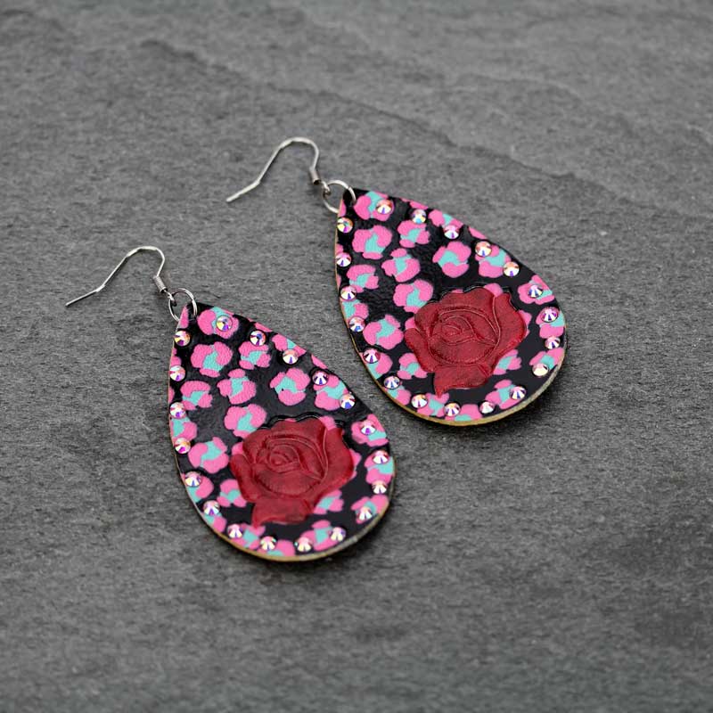 Teardrop Genuine Leather Rose Fish Hook Earrings