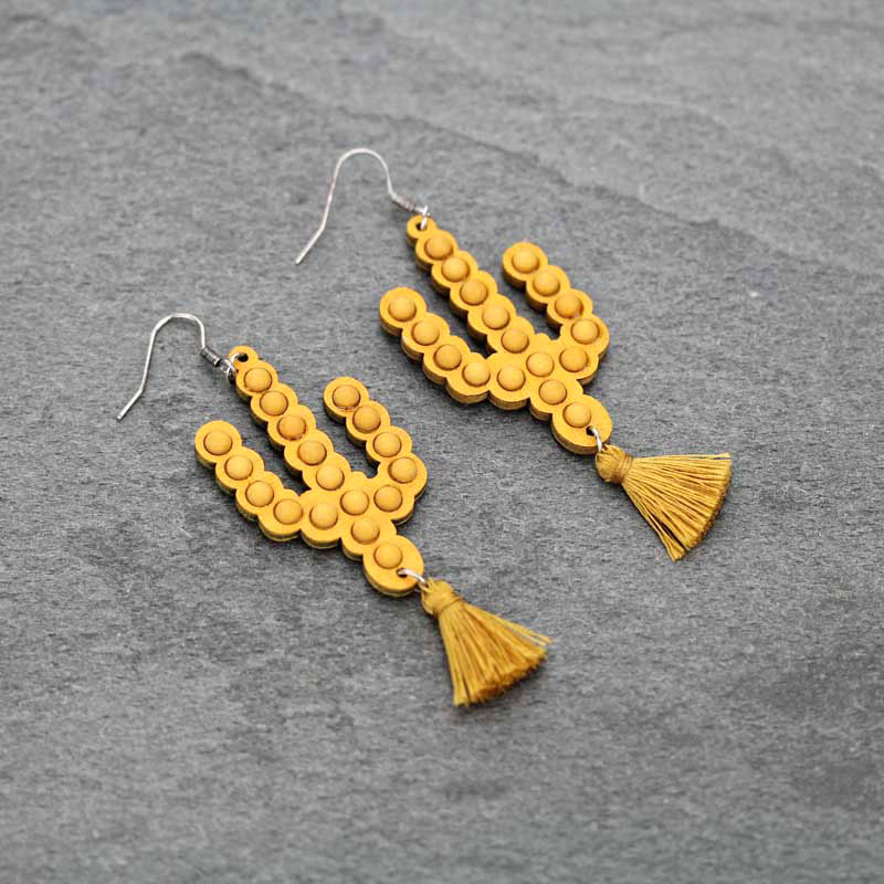 Wood Cactus with Tassel Fish Hook Earrings