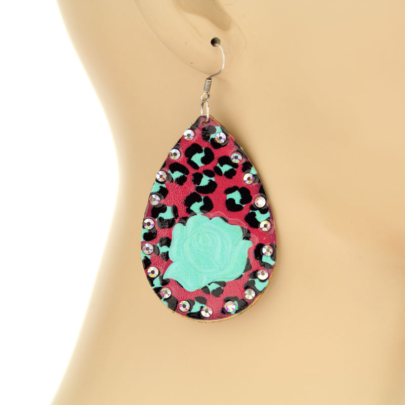 Teardrop Genuine Leather Rose Fish Hook Earrings - Image 2