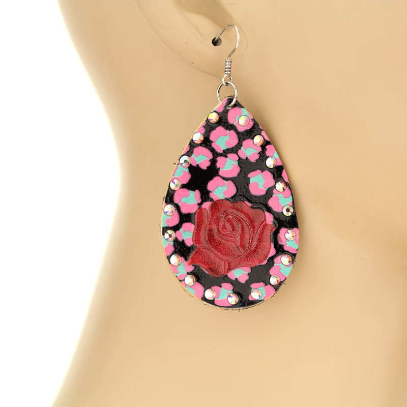 Teardrop Genuine Leather Rose Fish Hook Earrings - Image 3
