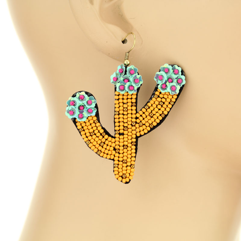 Seed Bead Cactus Fish Hook Earrings - Image 2