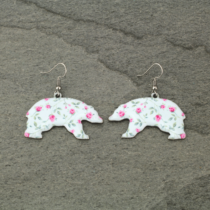 Large Bear Floral Fish Hook Earrings
