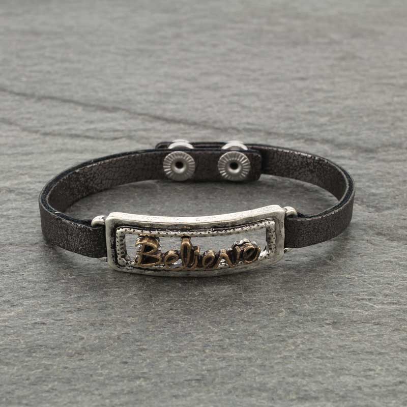 Western "Believe" Snap on Button Leather Bracelet