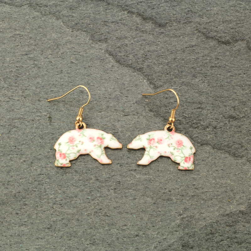 Bear Floral Fish Hook Earrings