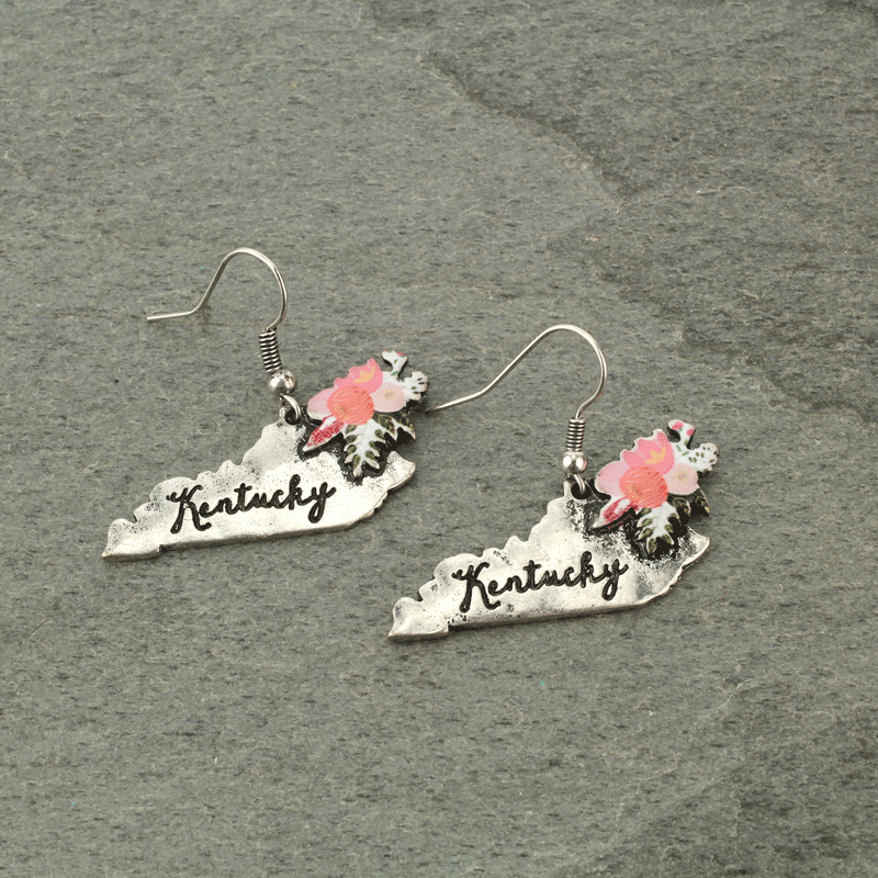 Kentucky State Map Script Floral Fish Hook Earrings
