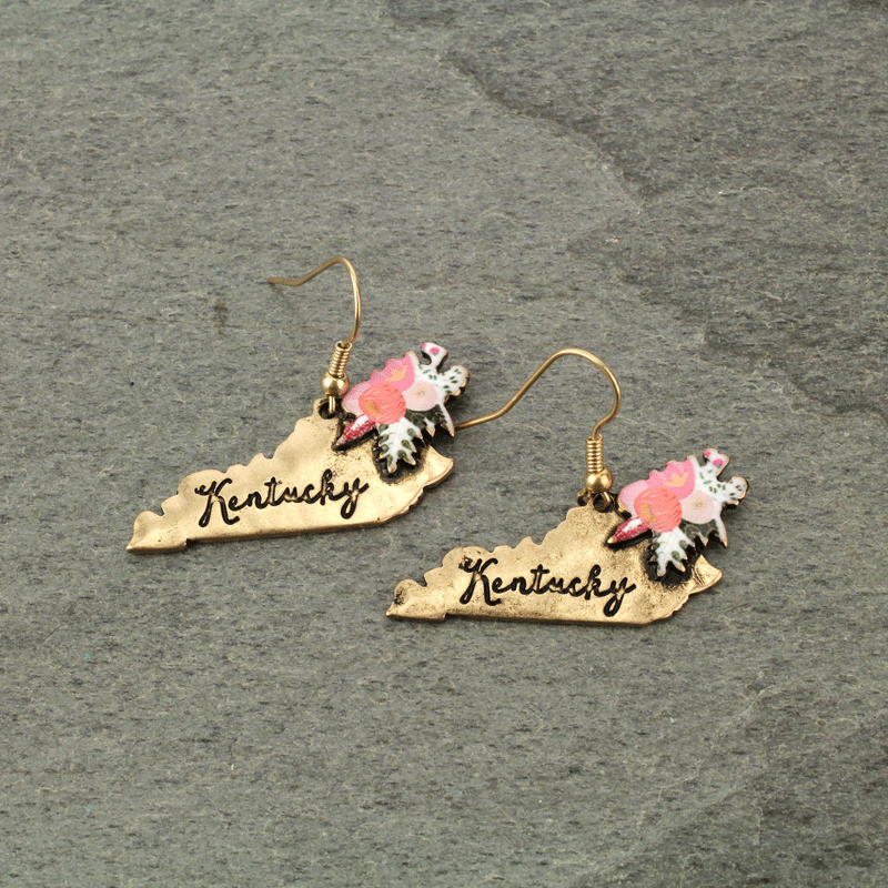 Kentucky State Map Script Floral Fish Hook Earrings
