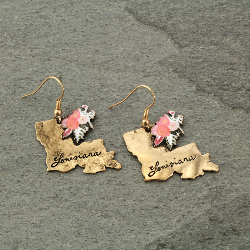 Louisiana State Map Script Floral Fish Hook Earrings