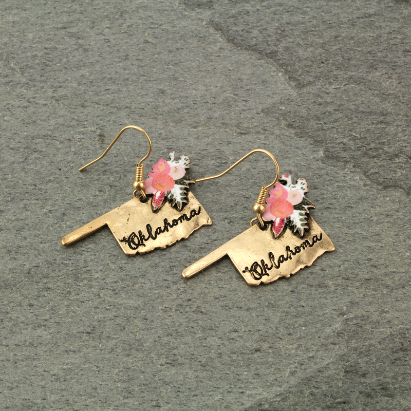 Oklahoma State Map Script Floral Fish Hook Earrings