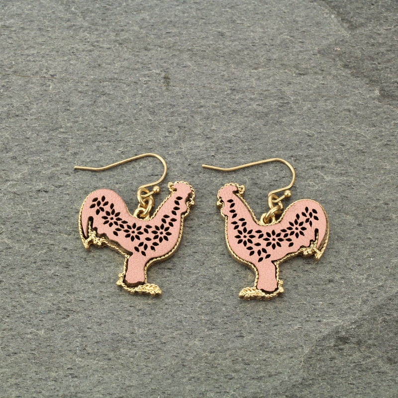 Leather Metal Rooster Filigree Fish Hook Earrings
