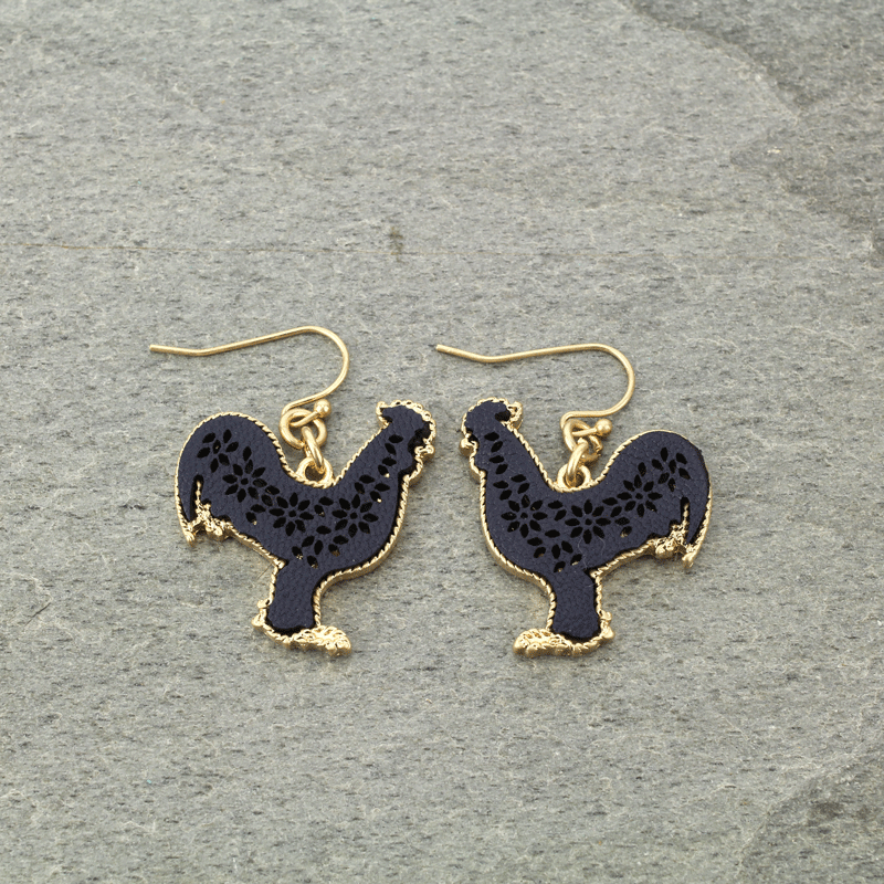 Leather Metal Rooster Filigree Fish Hook Earrings