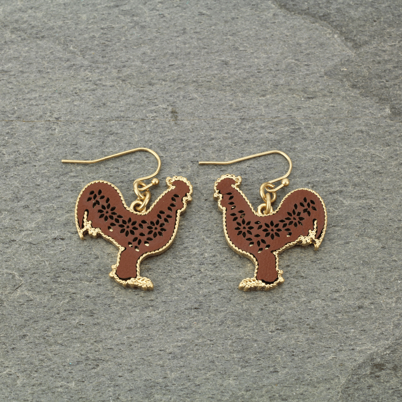 Leather Metal Rooster Filigree Fish Hook Earrings