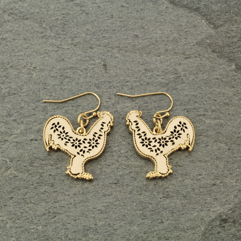 Leather Metal Rooster Filigree Fish Hook Earrings